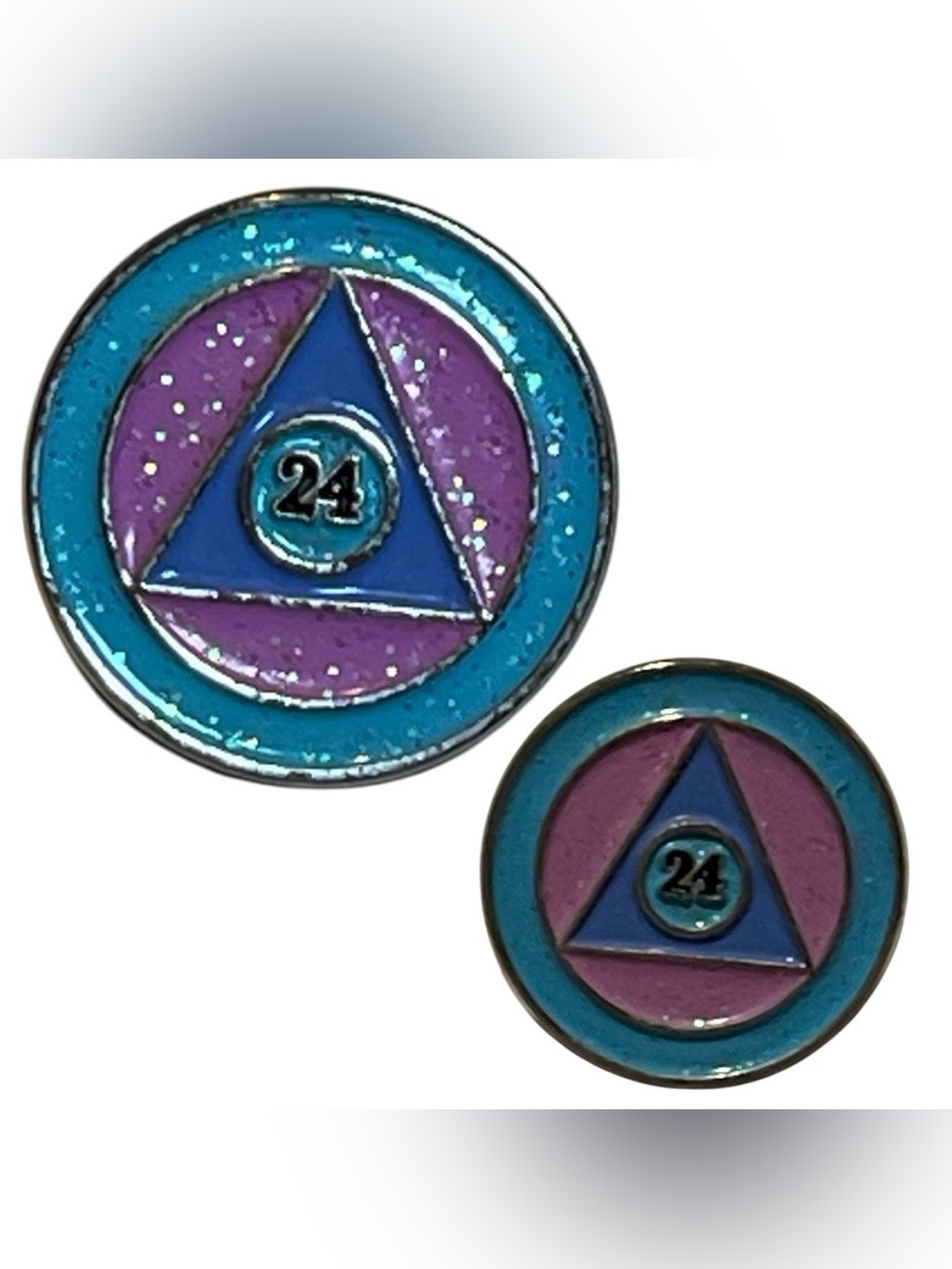 Alcoholics Anonymous Triangle Symbol Teal + Purple Circle Lapel 24 Hour Pin AA